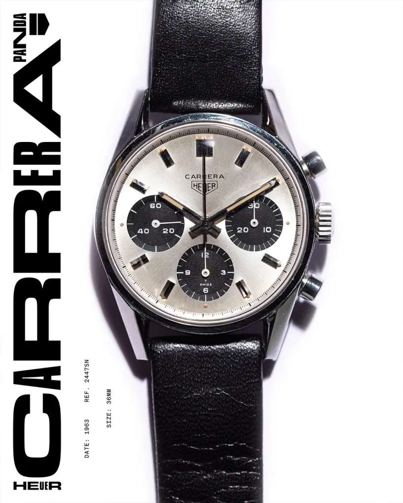 Vintage Heuer Carrera 2447 SN with iconic panda dial configuration, a defining reference in chronograph history