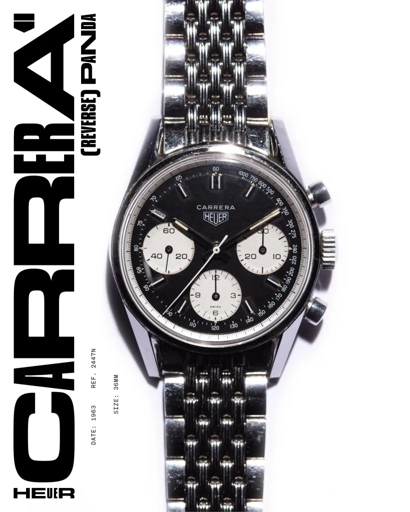 1963 Heuer Carrera reference 2447 NST featuring distinctive reverse panda dial and prominent tachymeter scale