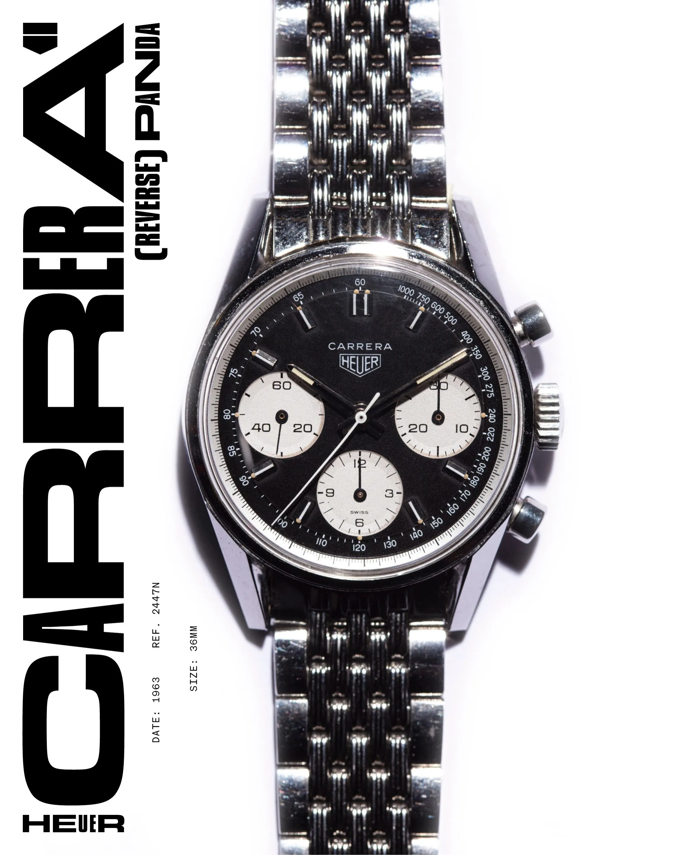 1963 Heuer Carrera reference 2447 NST featuring distinctive reverse panda dial and prominent tachymeter scale