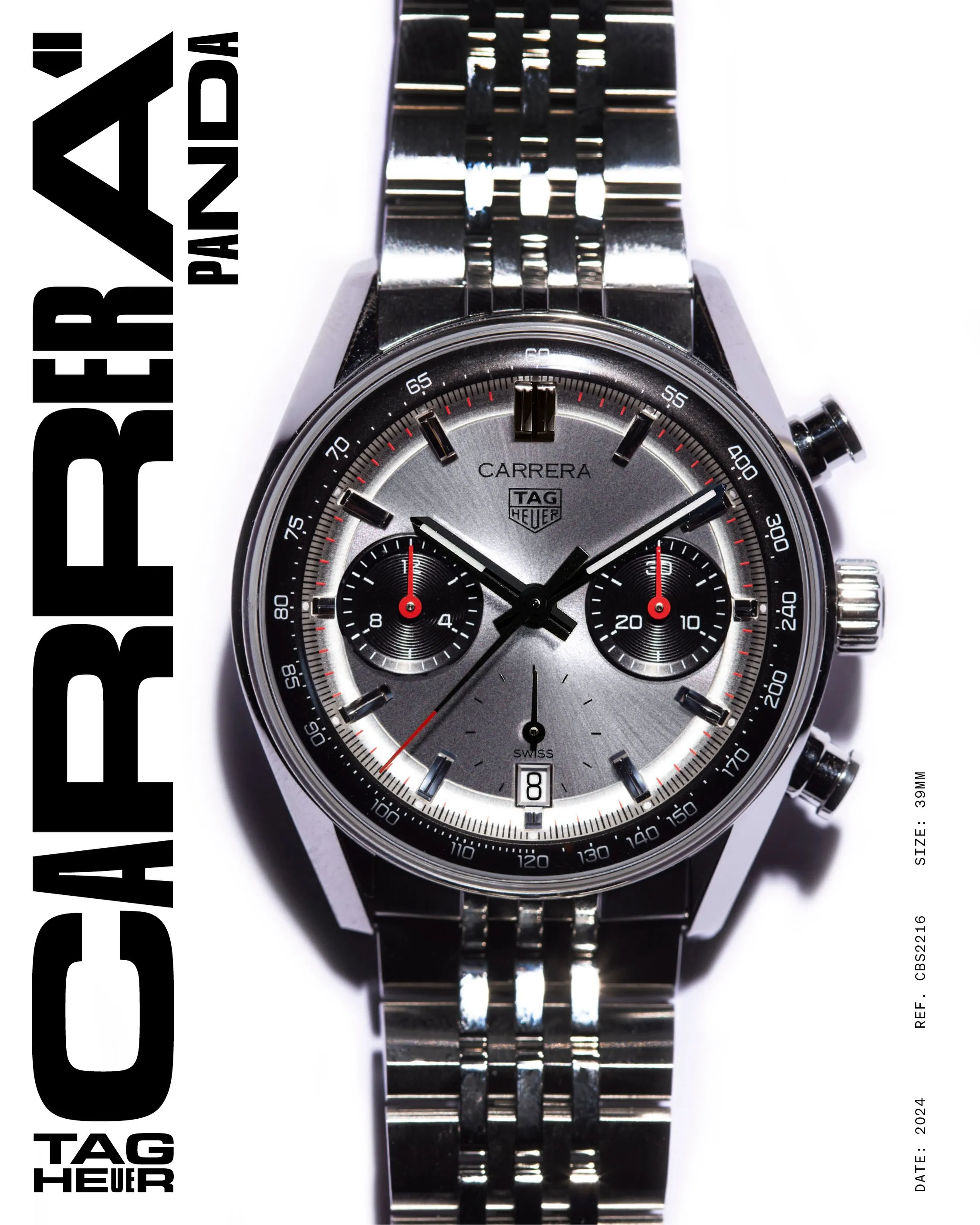 Contemporary TAG Heuer Carrera Chronograph with panda dial and Glassbox design, honouring six decades of horological heritage