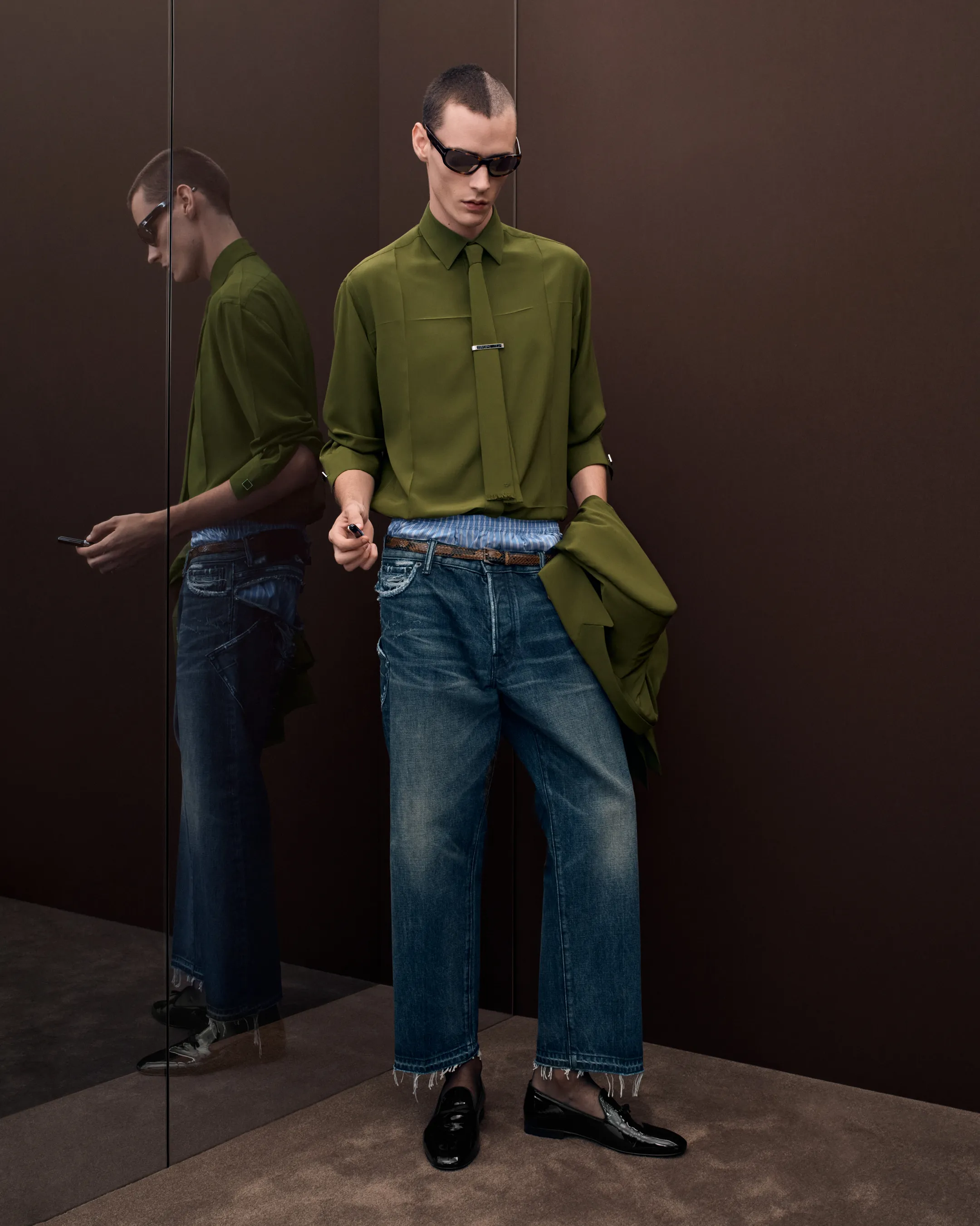 Model wearing structured Tom Ford jacket in neutral tone, Spring Summer 2027