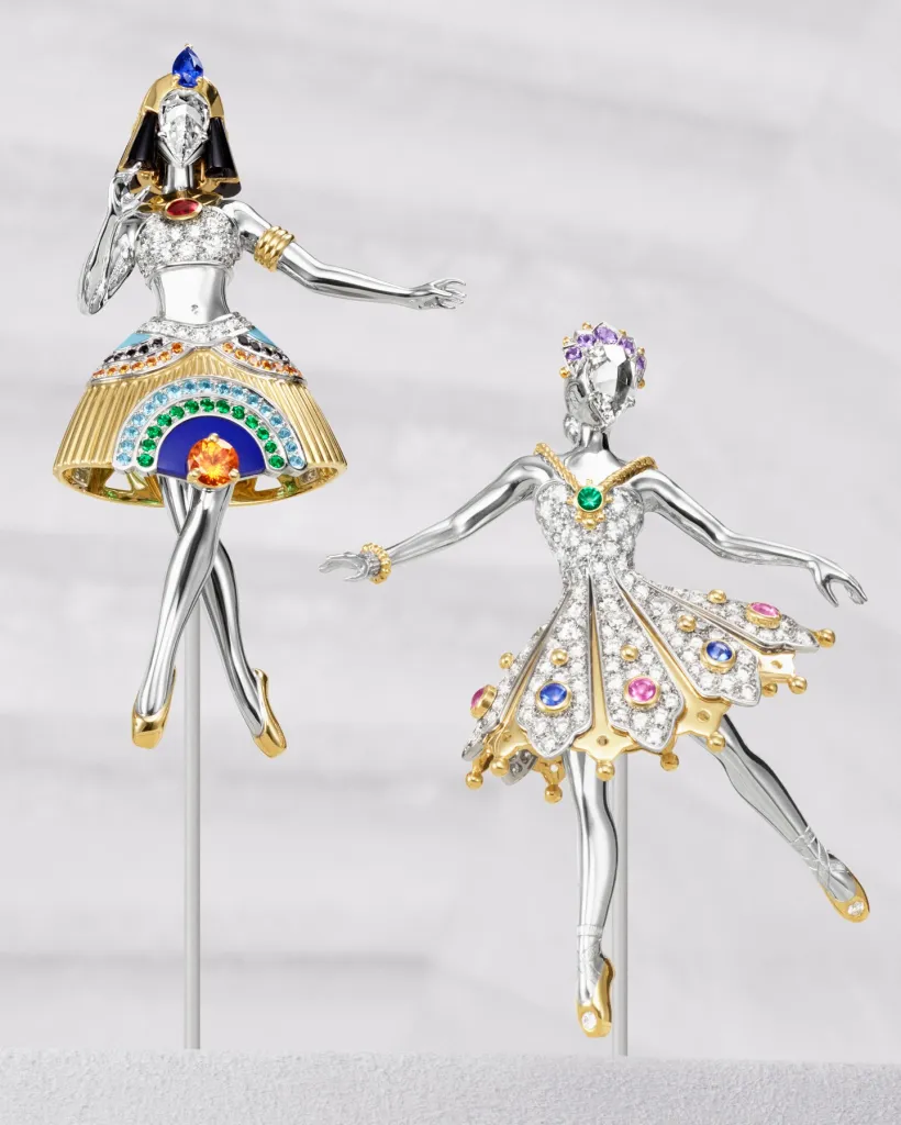 Luminous gemstone jewellery featuring graceful curves reminiscent of classical dance