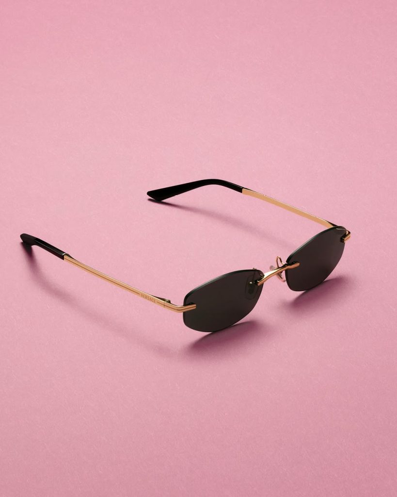 Close-up detail of Versace Fall Winter 2026 eyewear showcasing architectural design and premium materials