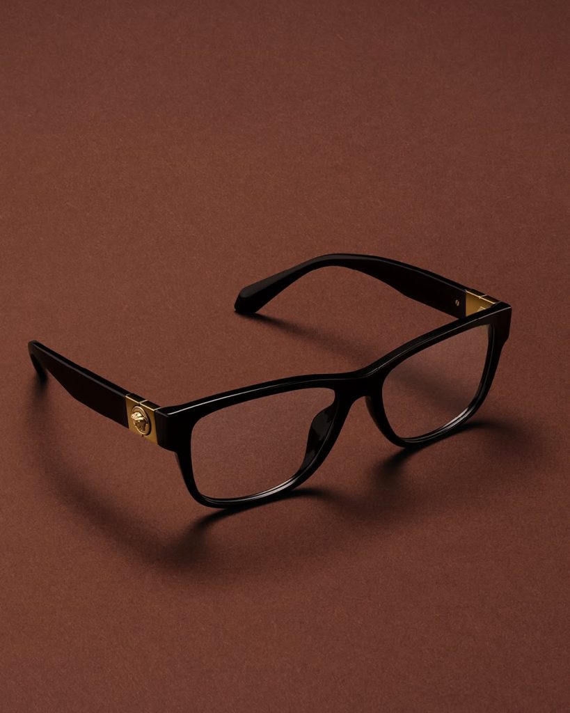 Versace eyewear collection details highlighting sophisticated material and colour palette