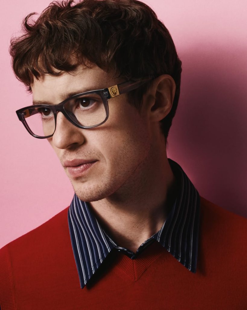 Detail view of Versace eyewear frame design showcasing refined silhouette and material quality