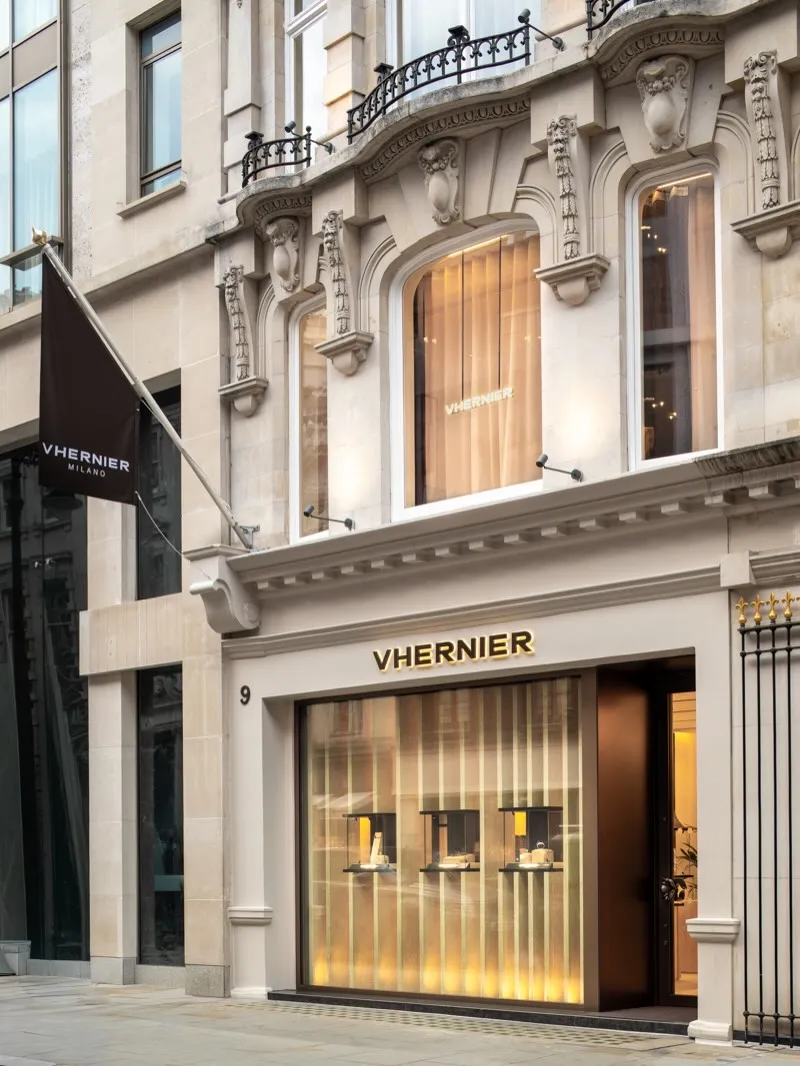 Exterior view of the newly opened Vhernier boutique in Mayfair, London, within a historic listed building