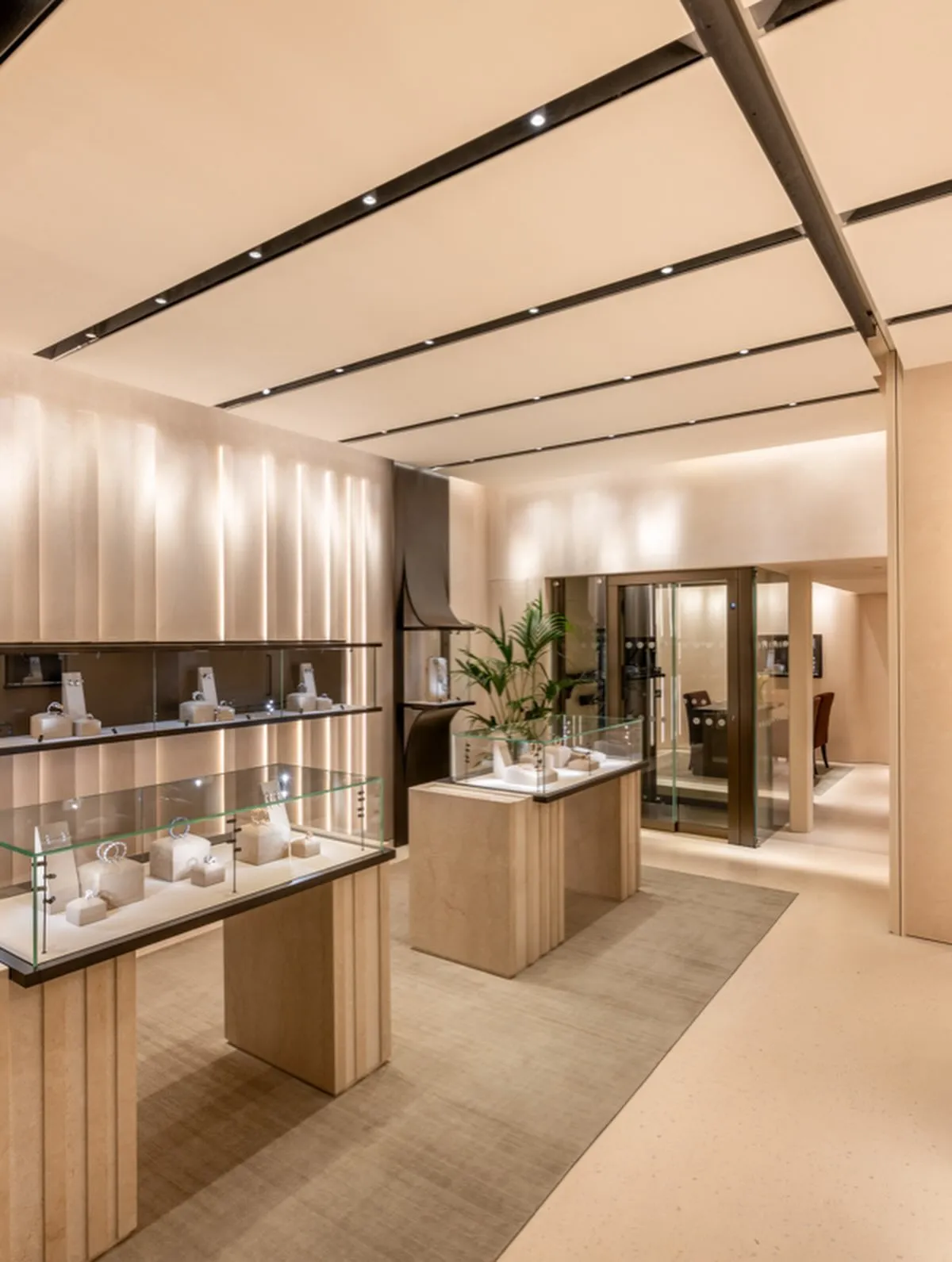 Interior detail of the Vhernier Mayfair boutique showcasing fine jewellery on refined display fixtures