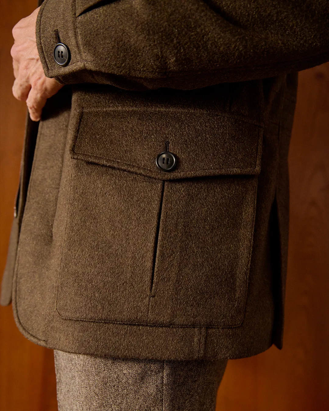 The Falcon Jacket in sophisticated neutral tone, showcasing refined tailoring and contemporary silhouette